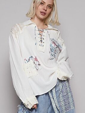 POL White Peasant Blouse with Floral Patchwork